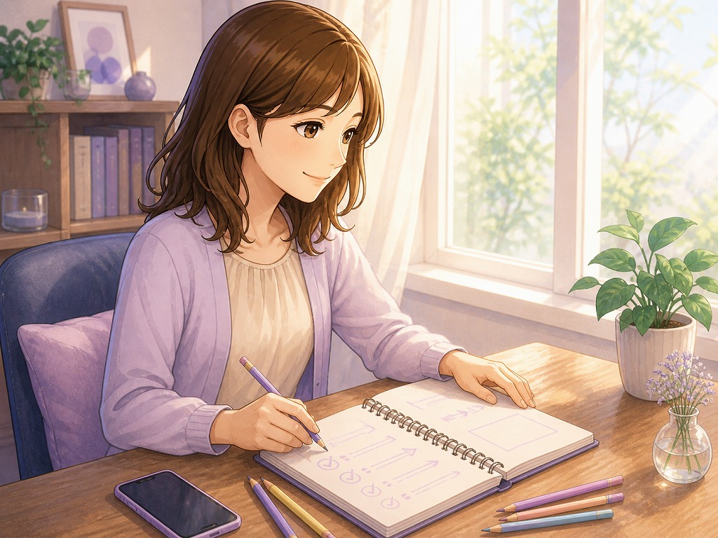 窓際でノートに次の一手を書き込みながら整理している早川かなえの様子