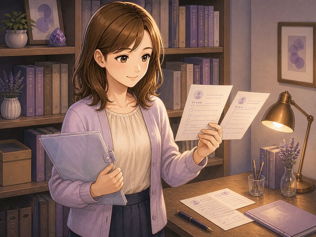 次の相談前に先生選びのポイントを見直している早川かなえの様子
