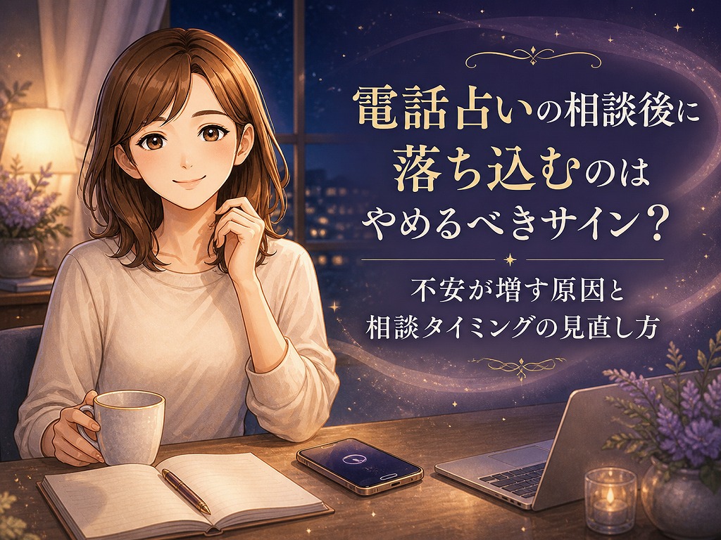 電話占いの相談後に不安が増して落ち込む女性に寄り添いながら、相談タイミングの見直しを案内する早川かなえのアイキャッチ画像