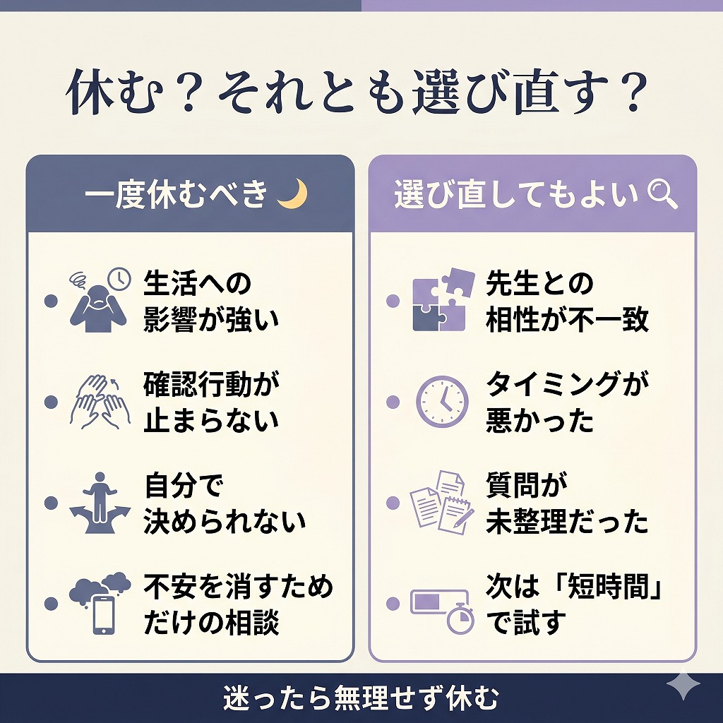 電話占いを一度休むべきケースと、占い師や相談内容を見直して続けてもよいケースの違いを整理した比較図解