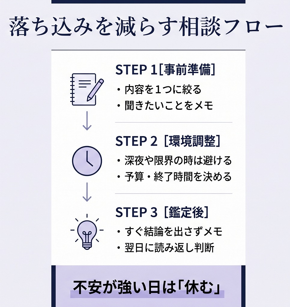 電話占いで相談後に落ち込まないために、事前準備から鑑定後の振り返りまでの流れを整理したステップ図解