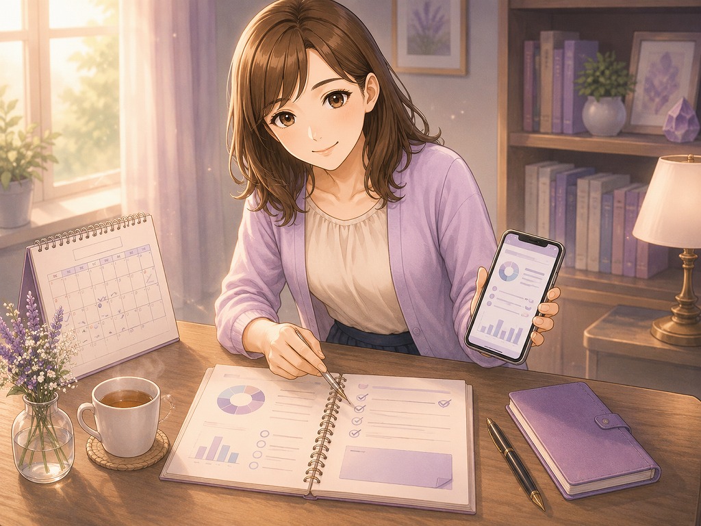 スマホと家計メモを見ながら、電話占いの課金や利用頻度をやさしく整理して案内する早川かなえのイラスト