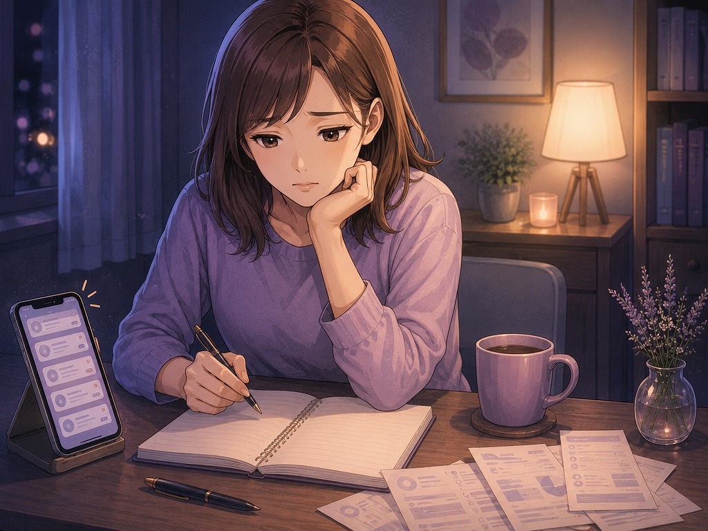 夜の部屋でスマホの通知と請求メモを前に、電話占いの使いすぎを静かに見直そうとしている様子のイラスト