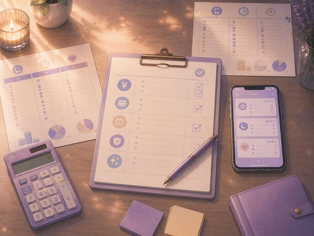 料金表や比較メモを見ながら、課金を管理しやすい電話占いサービスを落ち着いて比較している挿入画像