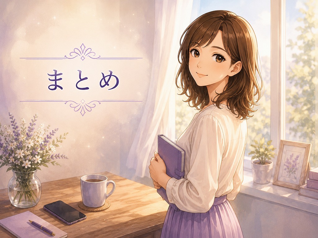 窓辺でノートを閉じ、電話占いとの距離感を見直した読者をやさしく送り出す早川かなえのイラスト
