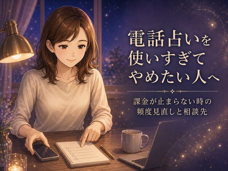 早川かなえが電話占いの使いすぎや課金の見直し方法をやさしく整理して案内しているイラスト