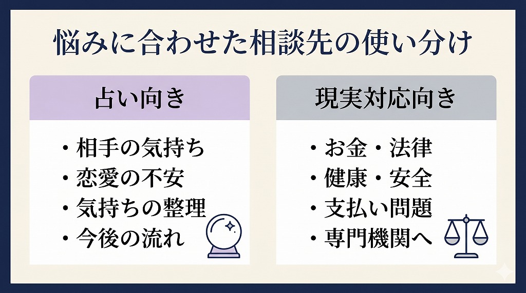 悩みを占い向きと現実対応向きに分け、適切な相談先を整理するための比較図解