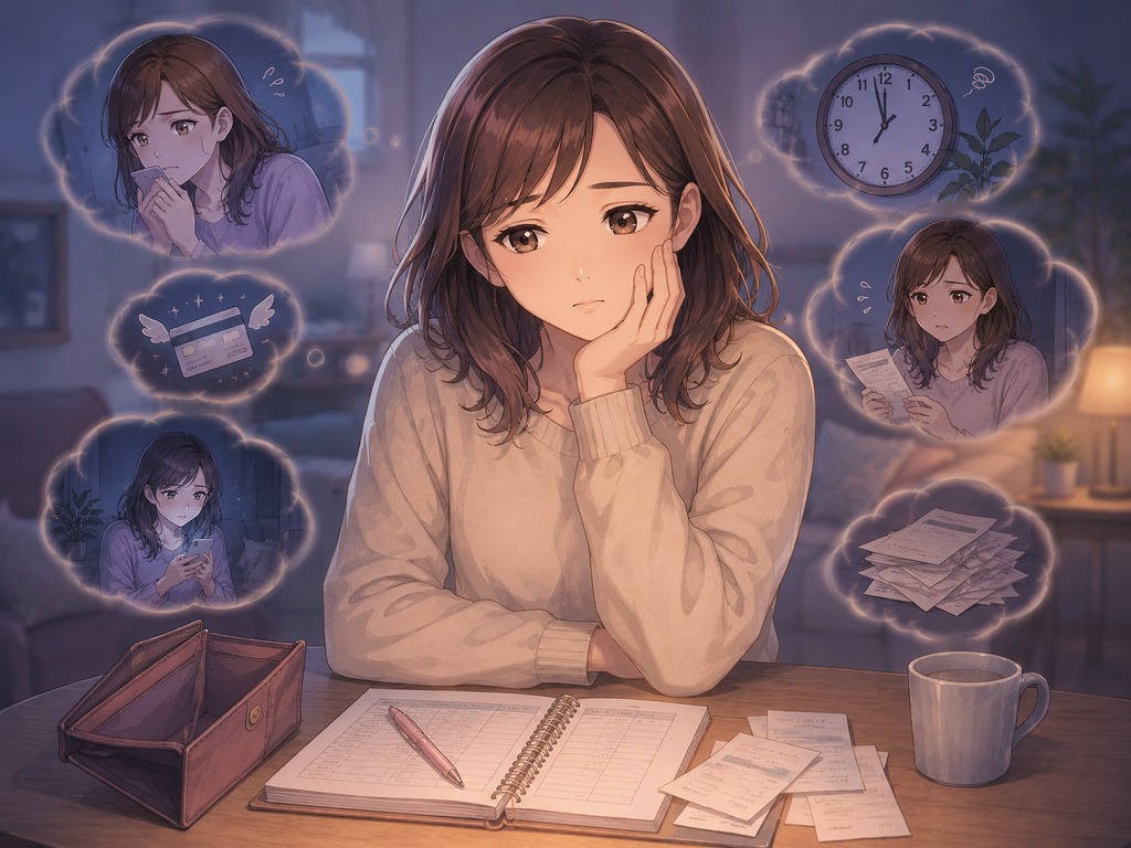 電話占いの課金が増えて家計の不安と依存サインが重なっていく様子を表現したアニメ風イラスト