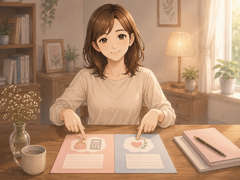 お金の悩みと心の悩みを分けて相談先を整理する早川かなえのアニメ風イラスト