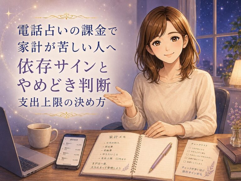 電話占いの課金で家計が苦しくなり不安そうにスマホと家計メモを見つめる女性に寄り添いながら支出上限と依存サインを整理する早川かなえのアイキャッチ画像