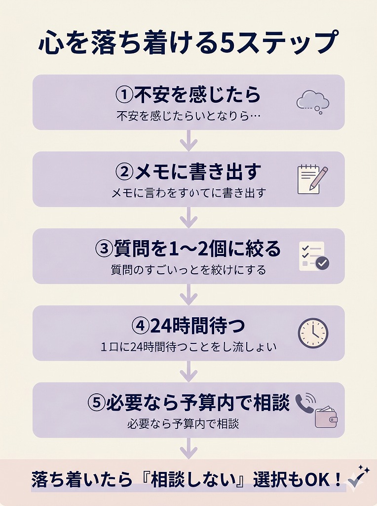 不安な時に相談内容をメモし、24時間置いてから電話占い利用を判断するクールダウンフロー図解