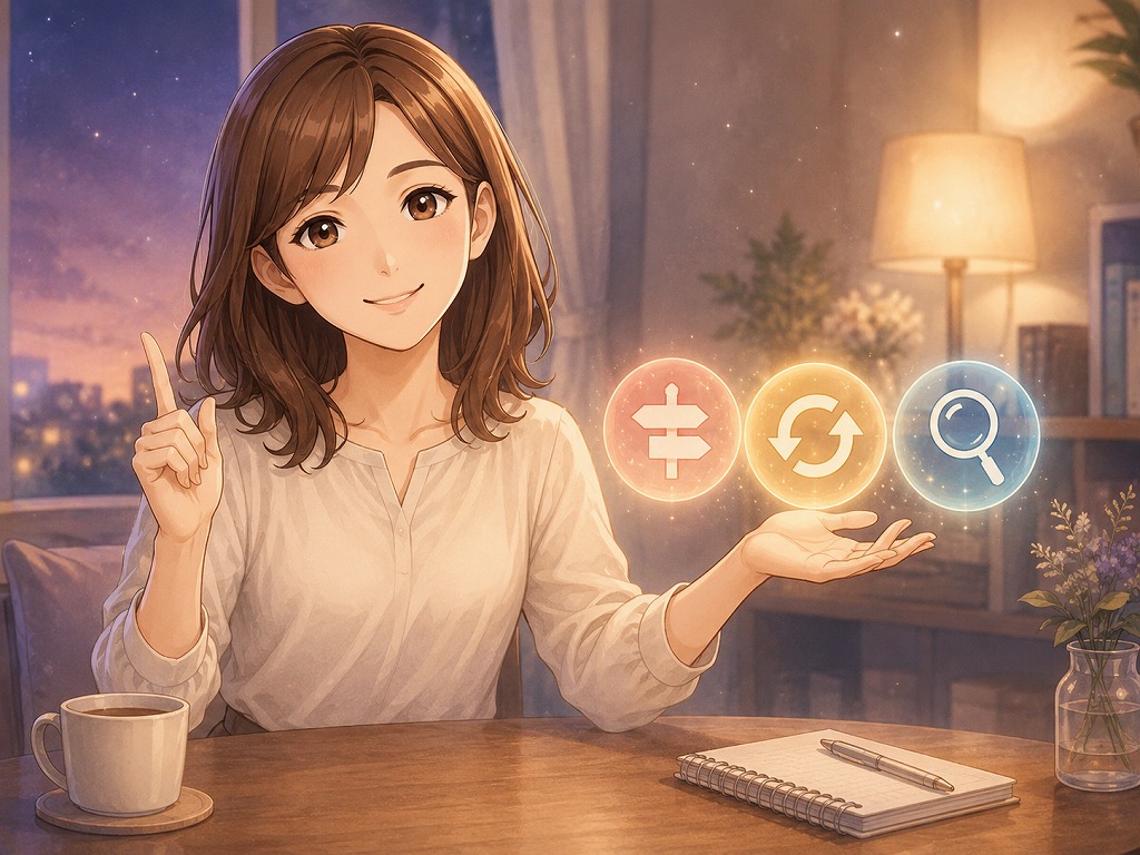 電話占いで先生が合わない時のやめるべきサインと乗り換え判断基準をやさしく整理する編集長・早川かなえのアニメ風イラスト