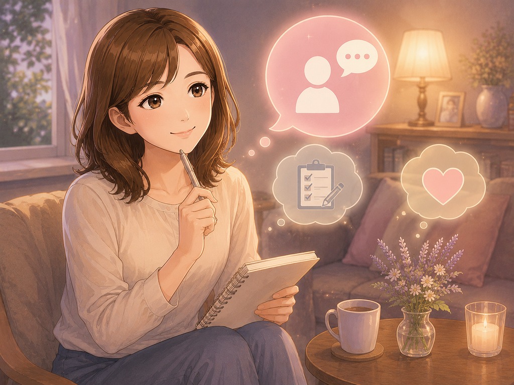 電話占いの先生をやめる前に相談目的や予算の伝え方を見直す編集長・早川かなえのアニメ風イラスト