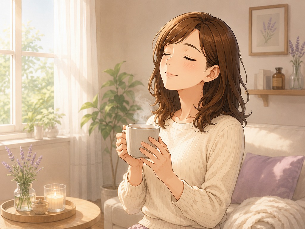 電話占い前のセルフケアや気持ち整理を案内する早川かなえのアニメ風イラスト