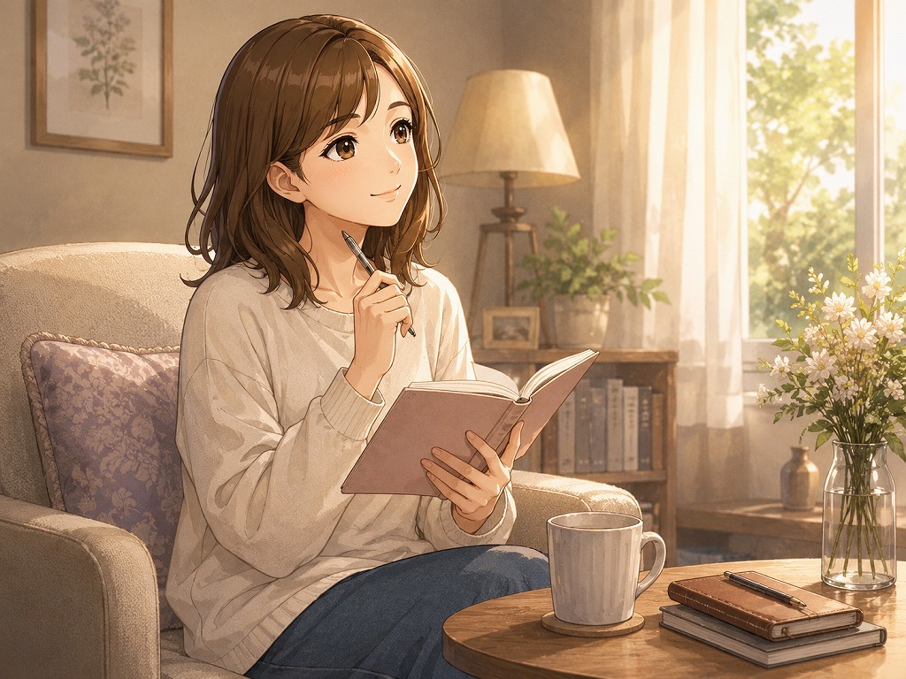 電話占いを家族に隠す理由や罪悪感について、一緒に整理して考える編集長・早川かなえのアニメ風イラスト
