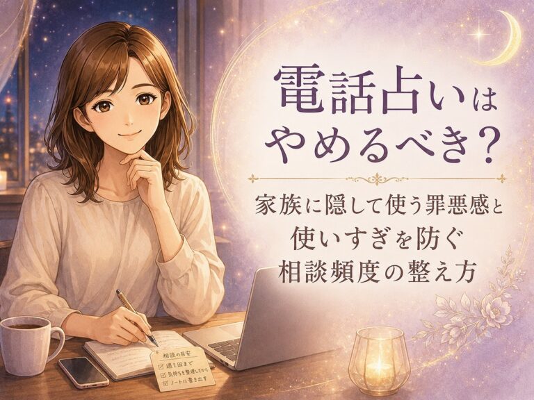 家族に隠して電話占いを使う罪悪感や使いすぎの不安について、相談頻度の整え方を案内する早川かなえのイメージ画像