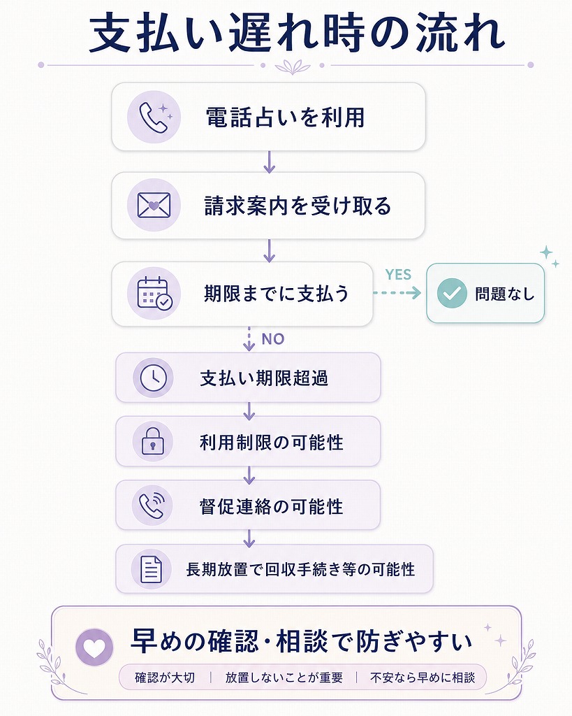電話占いの後払いで支払い遅れが発生した場合の一般的な流れと注意点を整理したフロー図