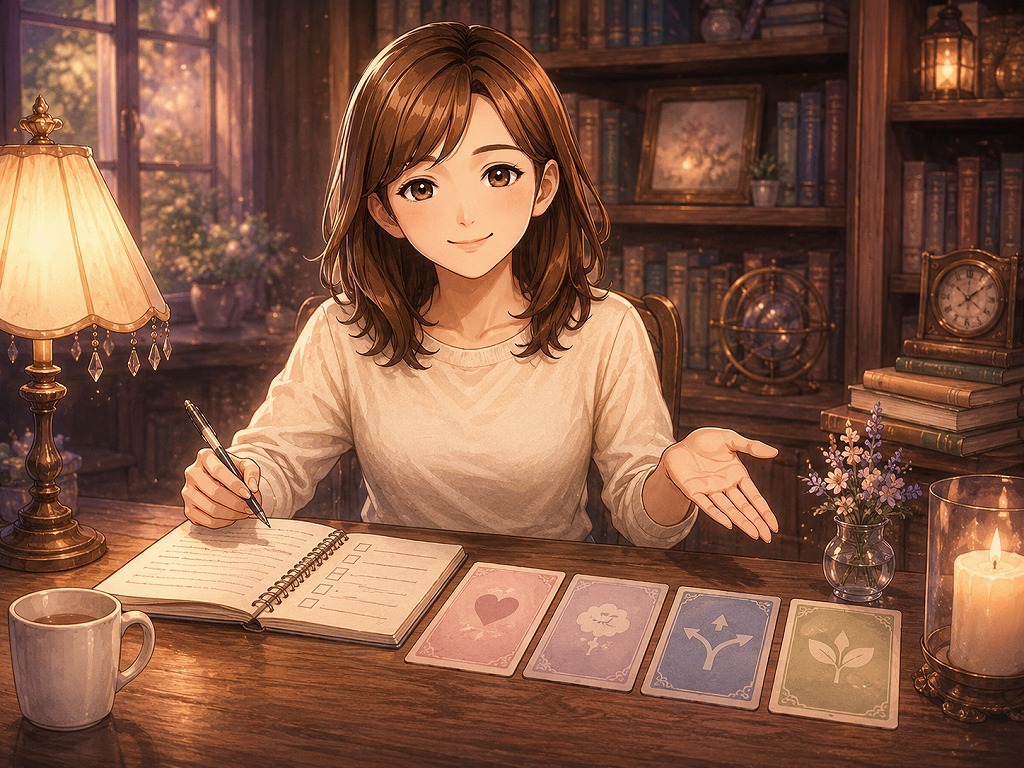 自分に合う電話占いの先生選びをやさしく案内する早川かなえのアニメ風イラスト