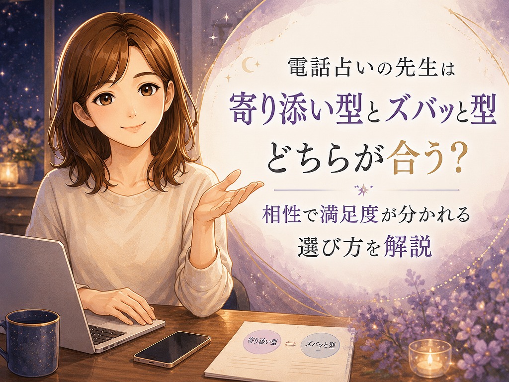 電話占いの寄り添い型とズバッと型の違いを比較し自分に合う先生選びを案内する早川かなえのイメージ画像