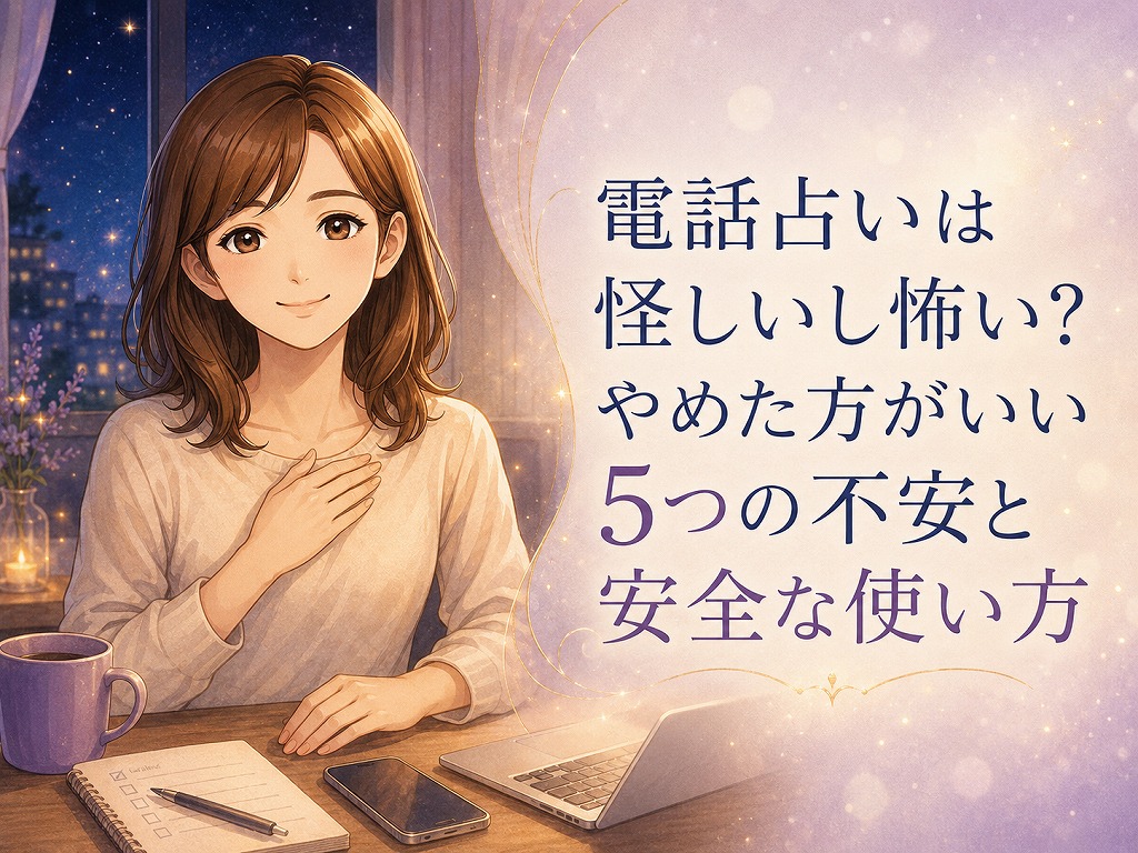 電話占いが怪しいし怖いと感じる初心者の不安を整理するために優しく案内する早川かなえのイラスト