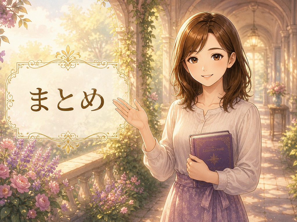 電話占いの占い師選びで大切なポイントを振り返りながら読者を見送る早川かなえのイラスト