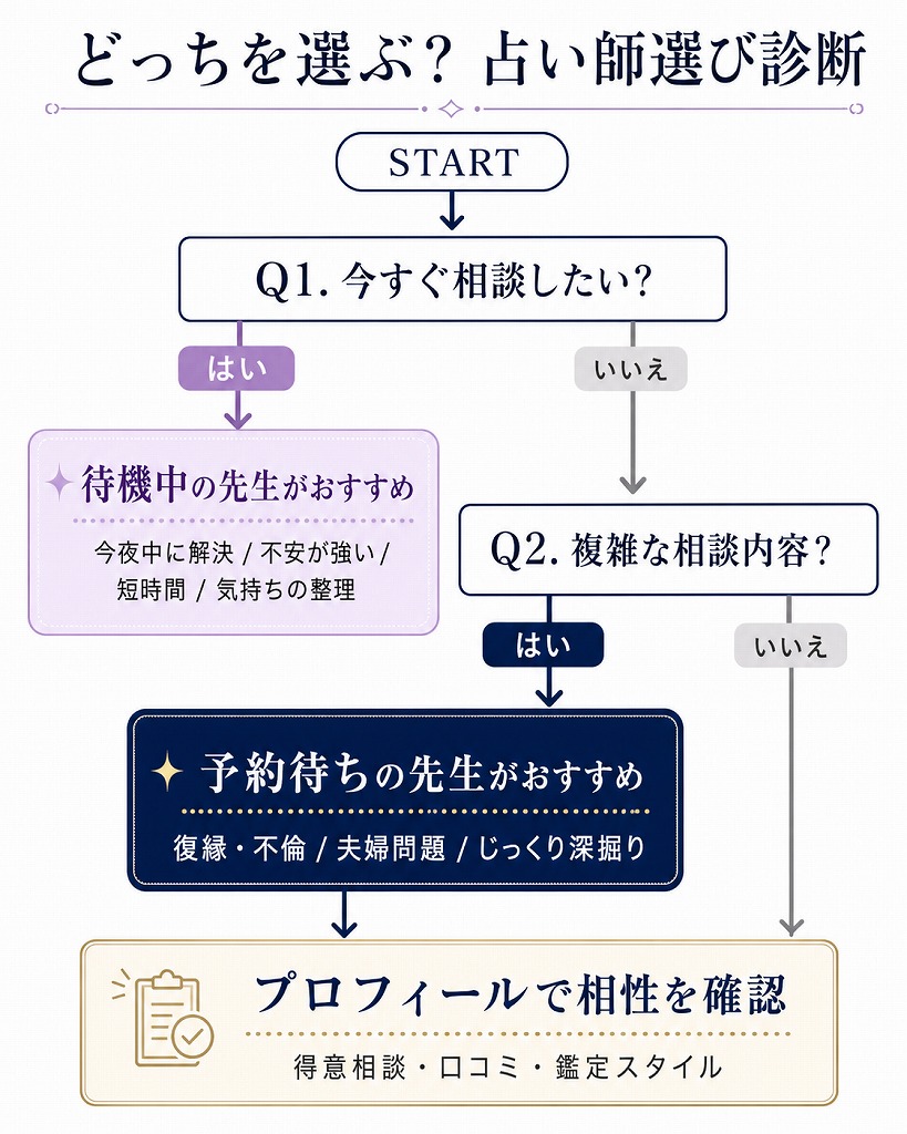 電話占いで待機中の占い師と予約待ちの人気占い師のどちらを選ぶべきか状況別に判断できるフロー図解