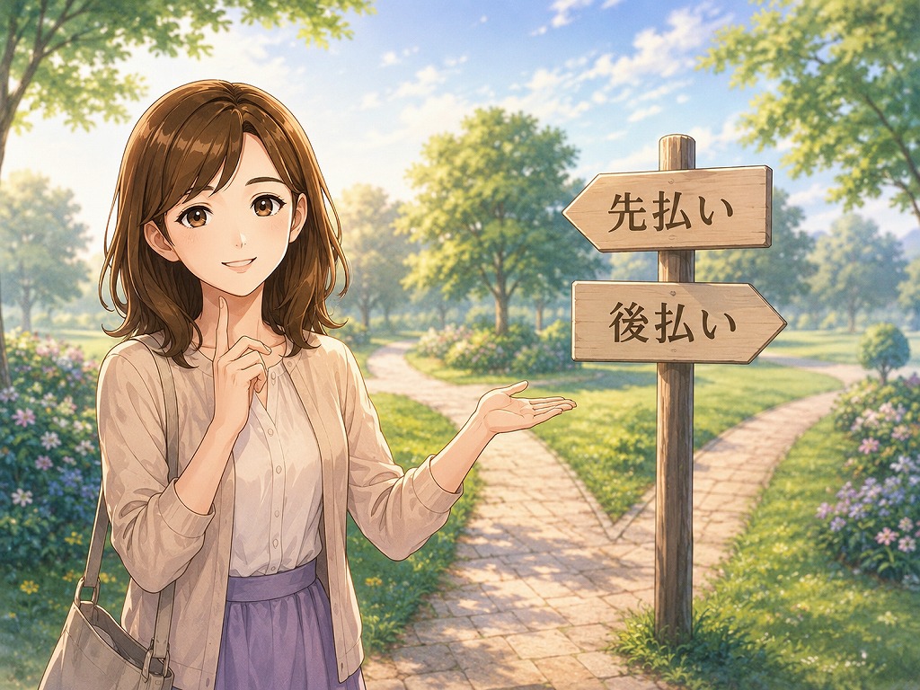 電話占いの先払いと後払いの向き不向きを案内する早川かなえのアニメ風イラスト