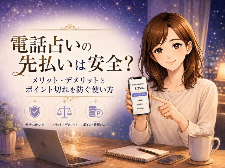 電話占いの先払いのメリットとデメリットやポイント切れを防ぐ使い方を案内する早川かなえのアニメ風イラスト