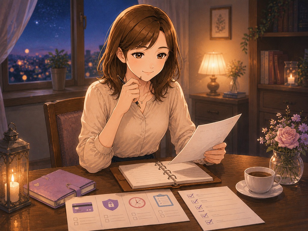 電話占いのクレジット自動精算における上限確認や解除方法のポイントを解説する早川かなえのアニメ風イラスト