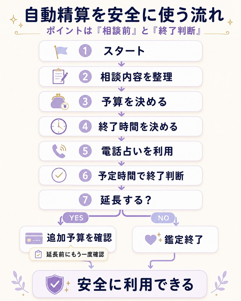 電話占いのクレジット自動精算を安全に利用するための相談前準備と終了ルールの流れをまとめた図解