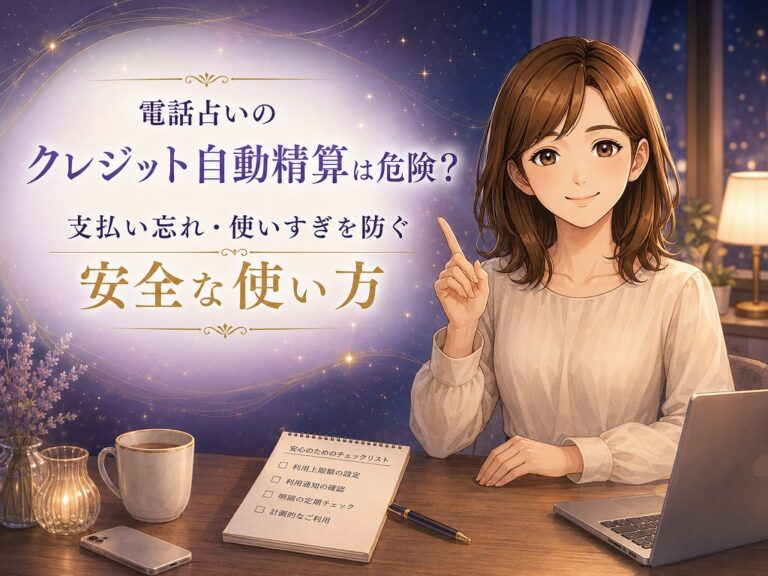 電話占いのクレジット自動精算の仕組みと支払い忘れや使いすぎを防ぐ安全な使い方を解説する早川かなえのアニメ風イラスト