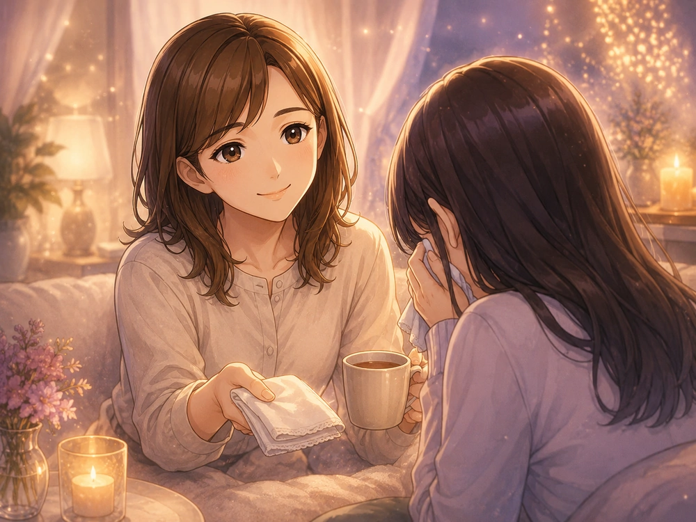 電話占いで泣いてしまっても恥ずかしくないことを優しく伝える編集長・早川かなえのアニメ風イラスト