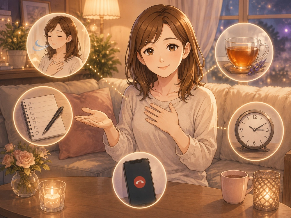電話占いで泣いて話せなくなったときの対処法を案内する編集長・早川かなえのアニメ風イラスト