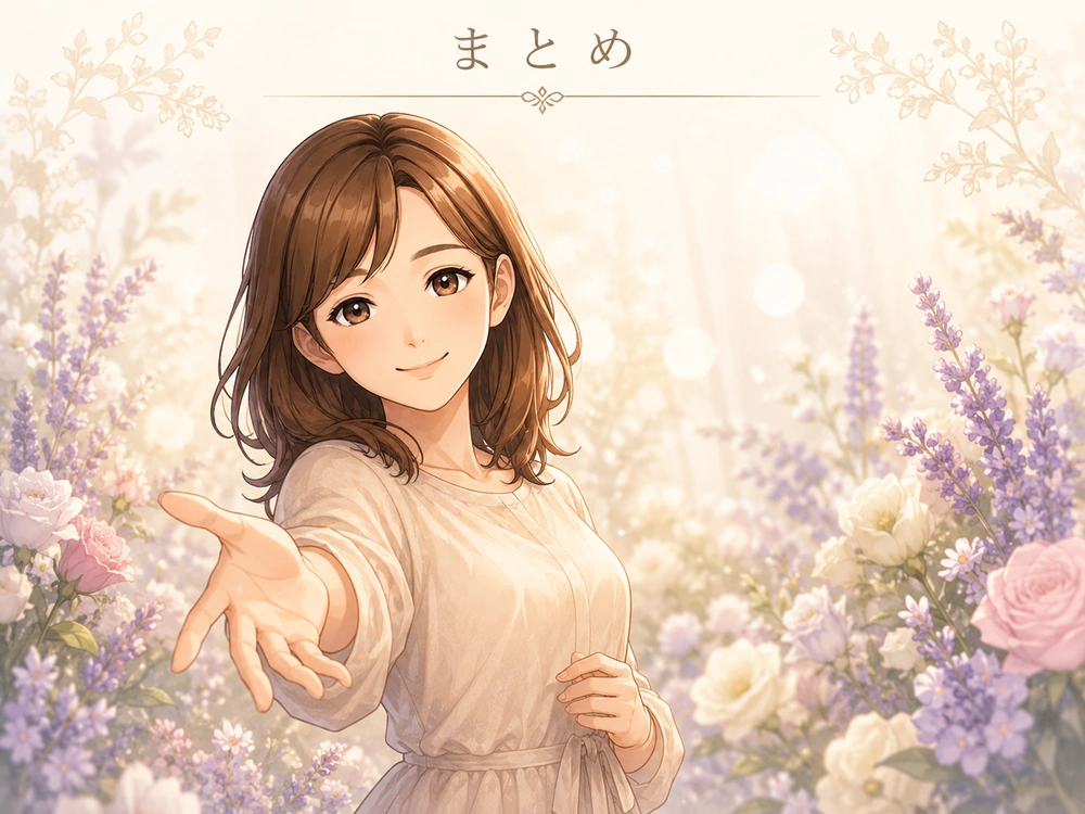 早川かなえがヴェルニの初回特典を自分のペースで活用する大切さを伝えるまとめのアニメ風イラスト