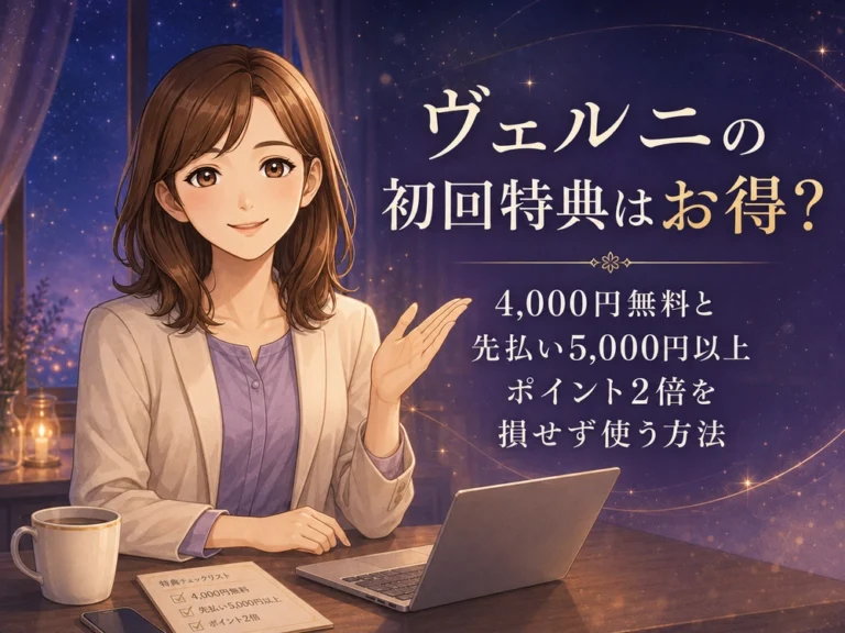 早川かなえがヴェルニの初回特典4,000円無料ポイントと先払い5,000円以上ポイント2倍の使い方を初心者向けに案内するアイキャッチ