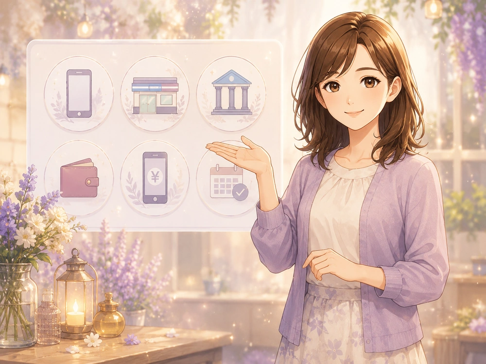 早川かなえがヴェルニの後払いとatone、クレジットカードなしで利用できる支払い方法を案内するアニメ風イラスト