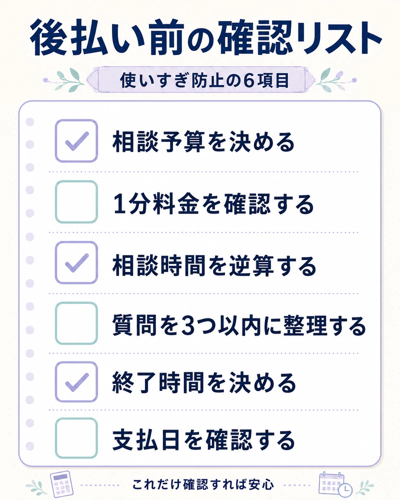 ヴェルニの後払いで使いすぎを防ぐために、予算や相談時間、支払日など利用前に確認したいポイントをまとめたチェックリスト図解