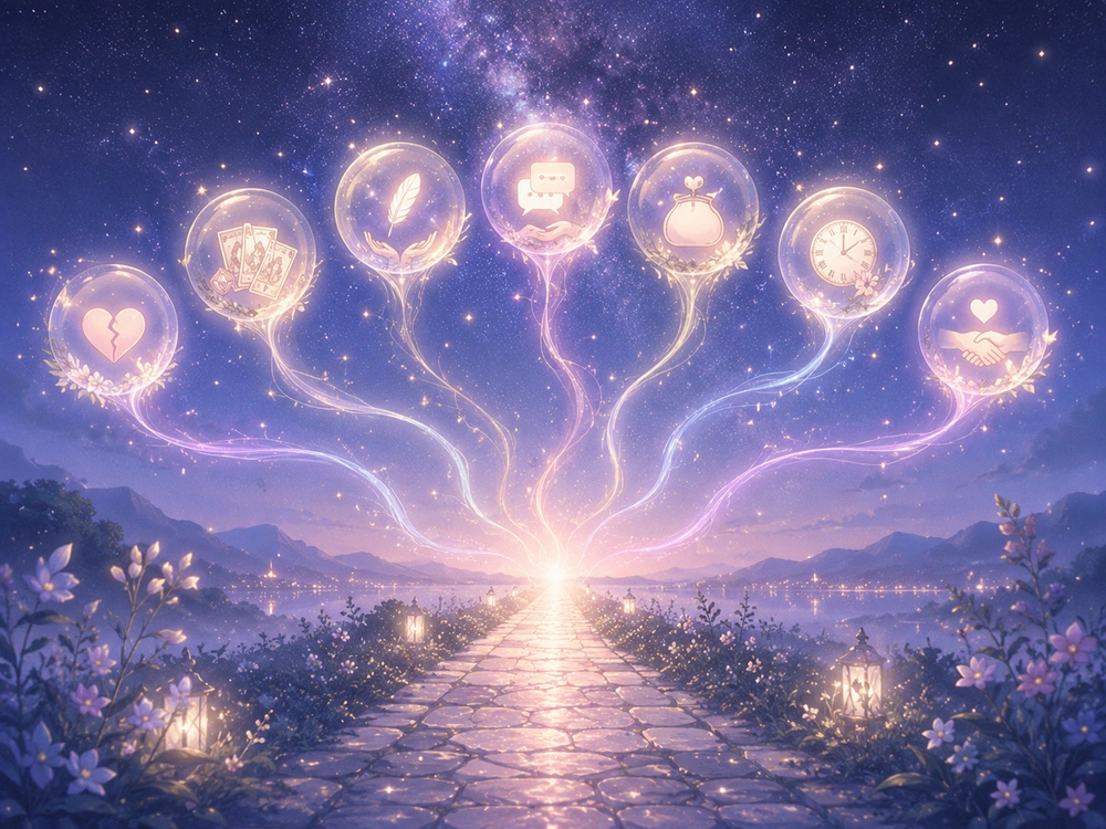 電話占いヴェルニの先生を選ぶ七つの基準を幻想的に表現したアニメ風イラスト