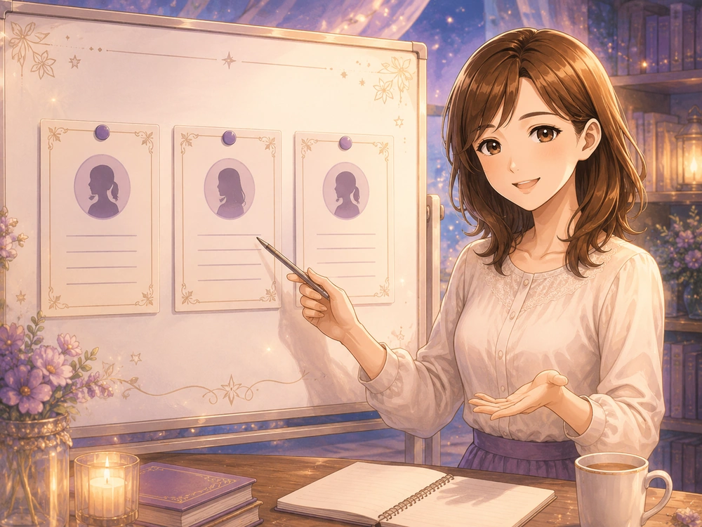 電話占いヴェルニで先生候補を三人まで整理する方法を案内する早川かなえのアニメ風イラスト