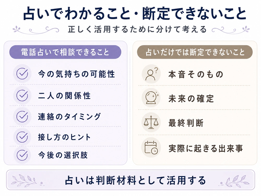 電話占いヴェルニで彼の気持ちを相談するときに相談できる内容と占いだけでは断定できない内容を比較した図解