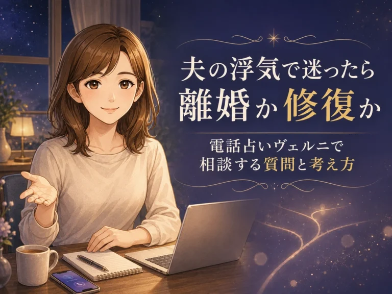 早川かなえが電話占いヴェルニで夫の浮気や夫婦問題を相談し、離婚か修復か迷ったときの考え方を案内するイメージ画像