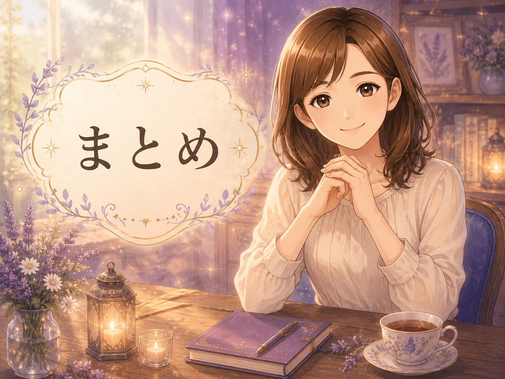 電話占いで片思い相談を前向きに進めるためのポイントをまとめる早川かなえのアニメ風イラスト