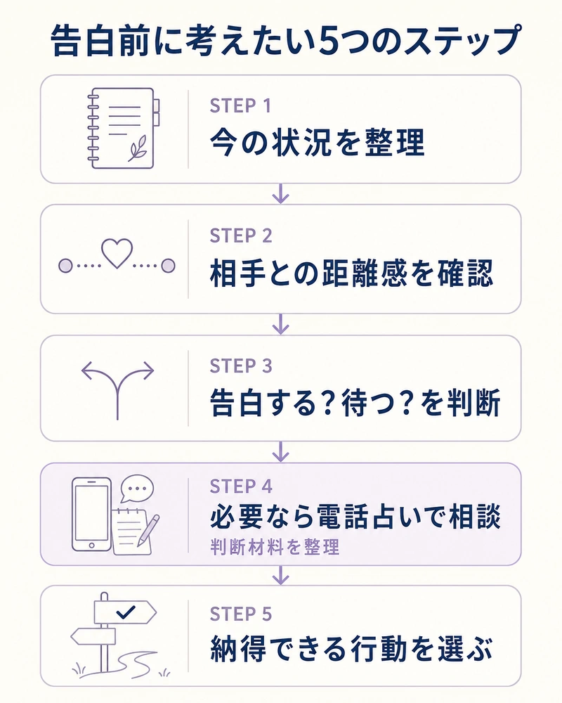 告白するか待つか迷ったときに状況整理から電話占いの活用、納得できる行動までの流れを5ステップでまとめた図解