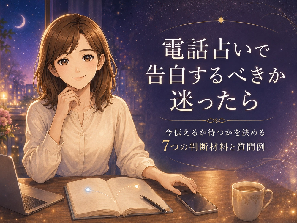 電話占いで告白するか待つか迷う人へ、早川かなえが相手との距離感や判断材料を整理する様子を表現したアイキャッチ画像