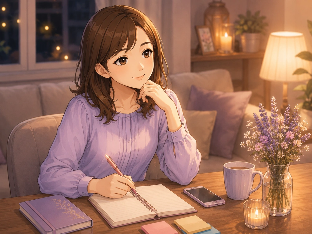 電話占いで彼女がいる好きな人について相談する前の質問整理や準備を案内する早川かなえのアニメ風イラスト