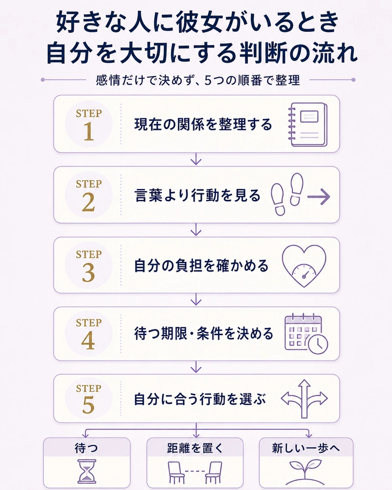 彼女がいる好きな人との恋で待つか諦めるかを、自分を大切にしながら判断する5ステップをまとめたフロー図解