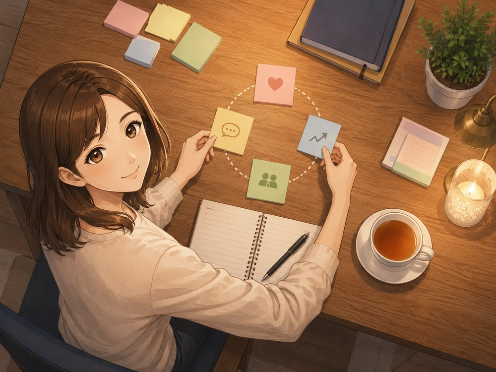 早川かなえが電話占いでセフレ相手について相談する質問を整理しているアニメ風イラスト