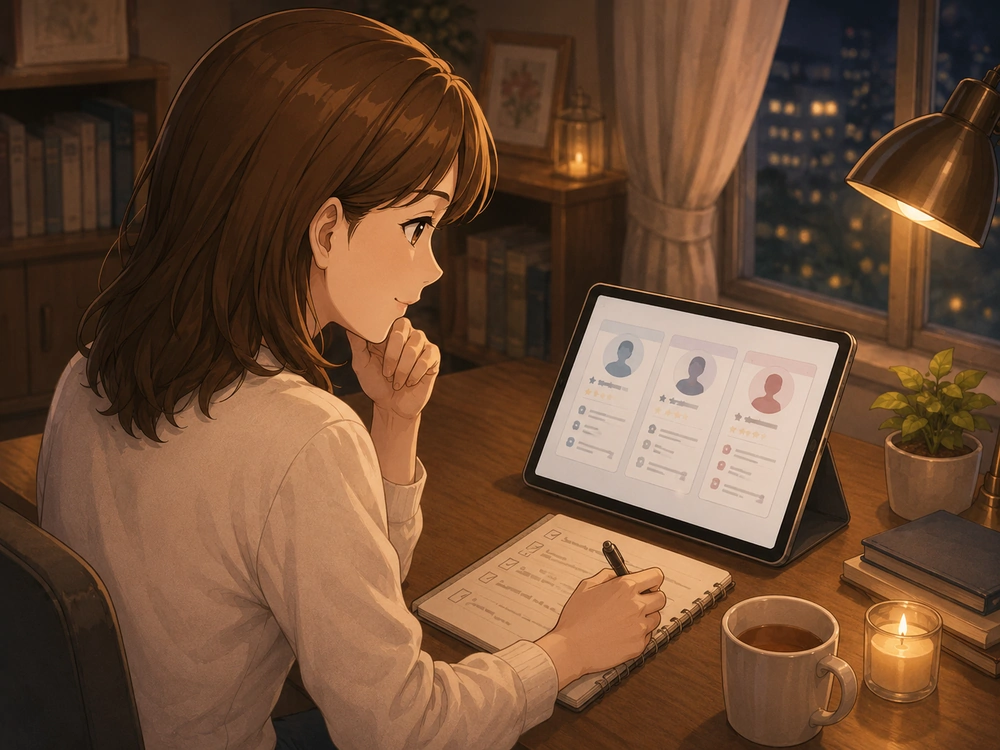 早川かなえがセフレの悩みに合う電話占い師を比較しながら選んでいるアニメ風イラスト