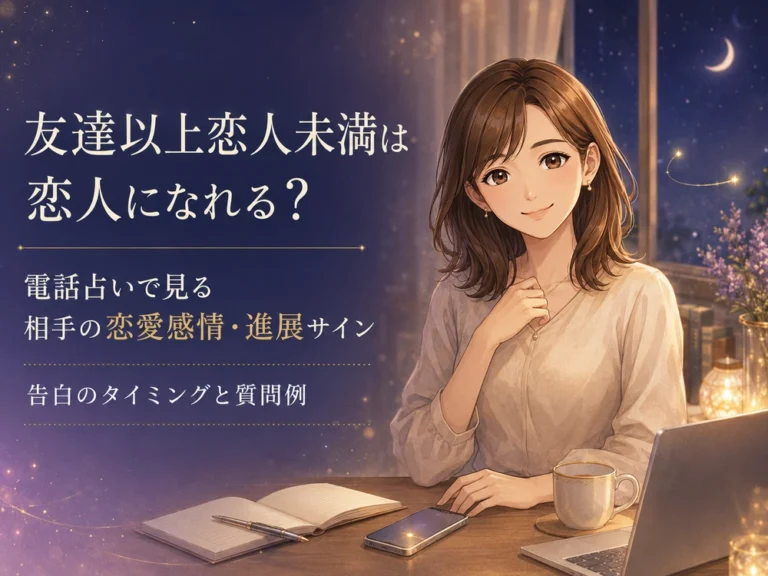 早川かなえが友達以上恋人未満の相手の恋愛感情や進展サインを電話占いで整理する方法を案内するイメージイラスト