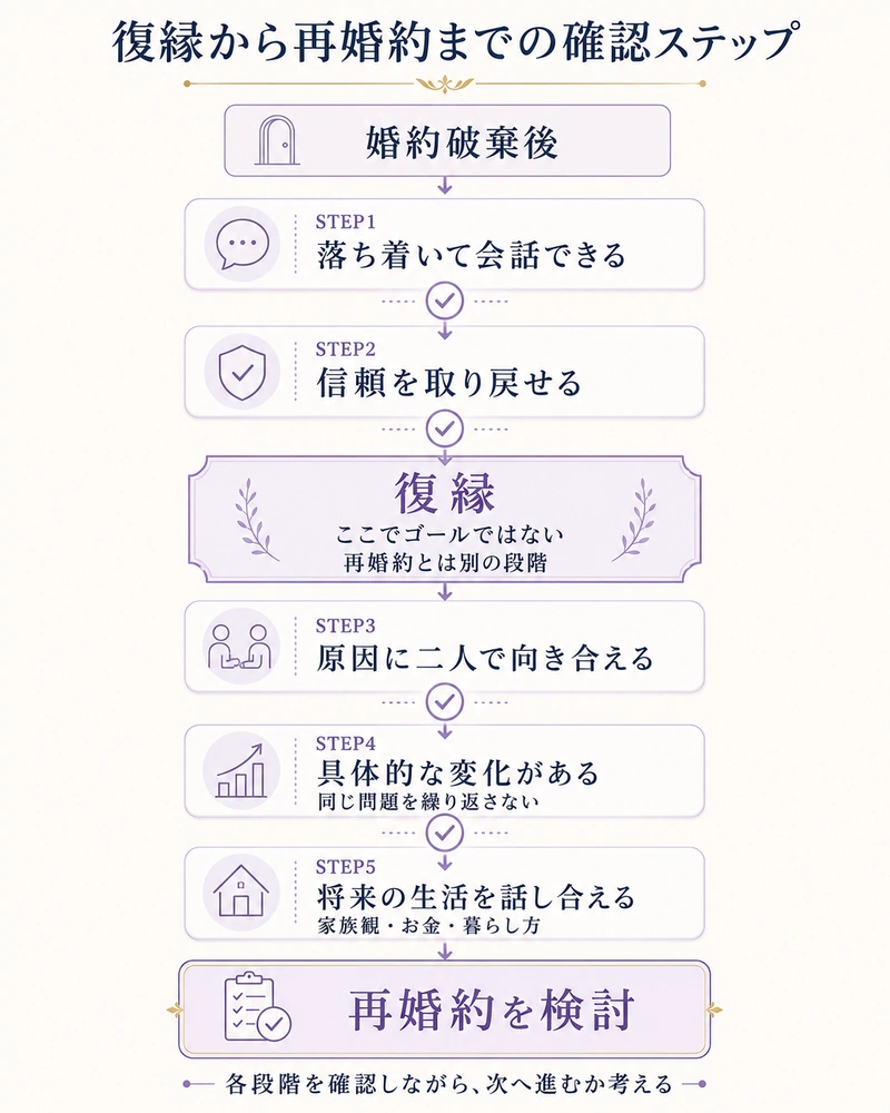 婚約破棄後の復縁から関係修復の条件を確認し再婚約を検討するまでの流れを整理した図解